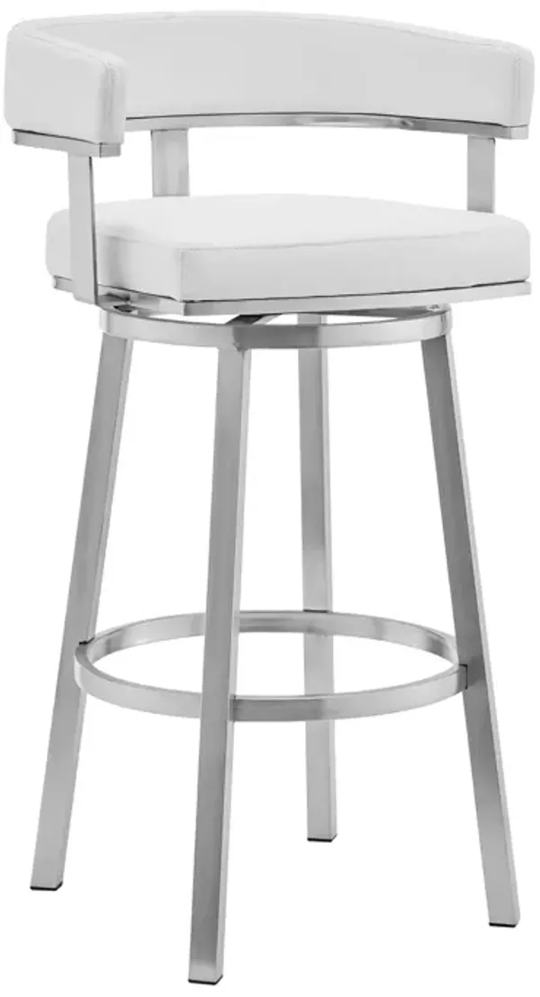 Hivvago 26 Inch White And Silver Faux Leather And Stainless Steel Low Back Counter Height Swivel Bar Chair