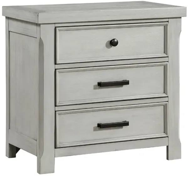 Brok Nightstand, 3 Drawers, Light Gray Acacia Wood, Black Bar Handles - Benzara
