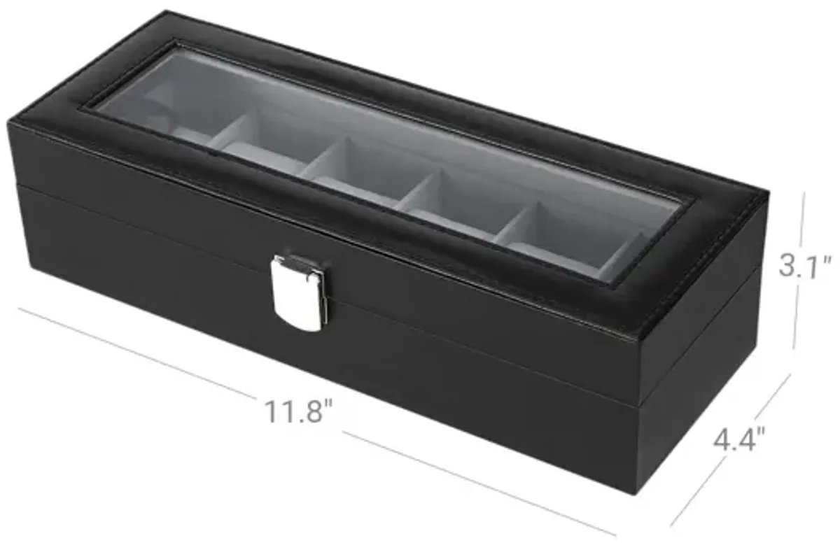 6-Slot Watch Box Men's Case with Glass Top, Lockable Display Organizer