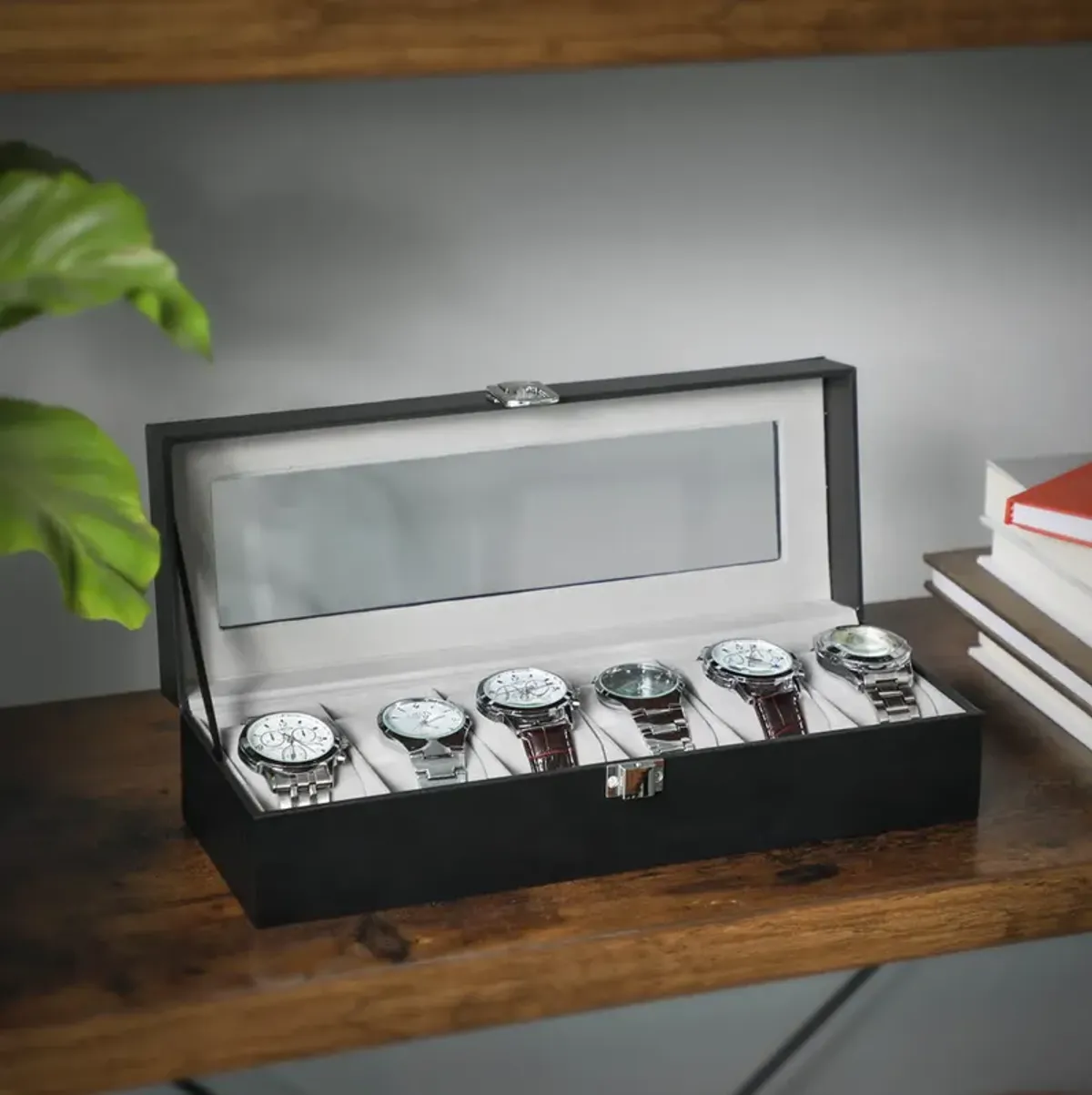 6-Slot Watch Box Men's Case with Glass Top, Lockable Display Organizer