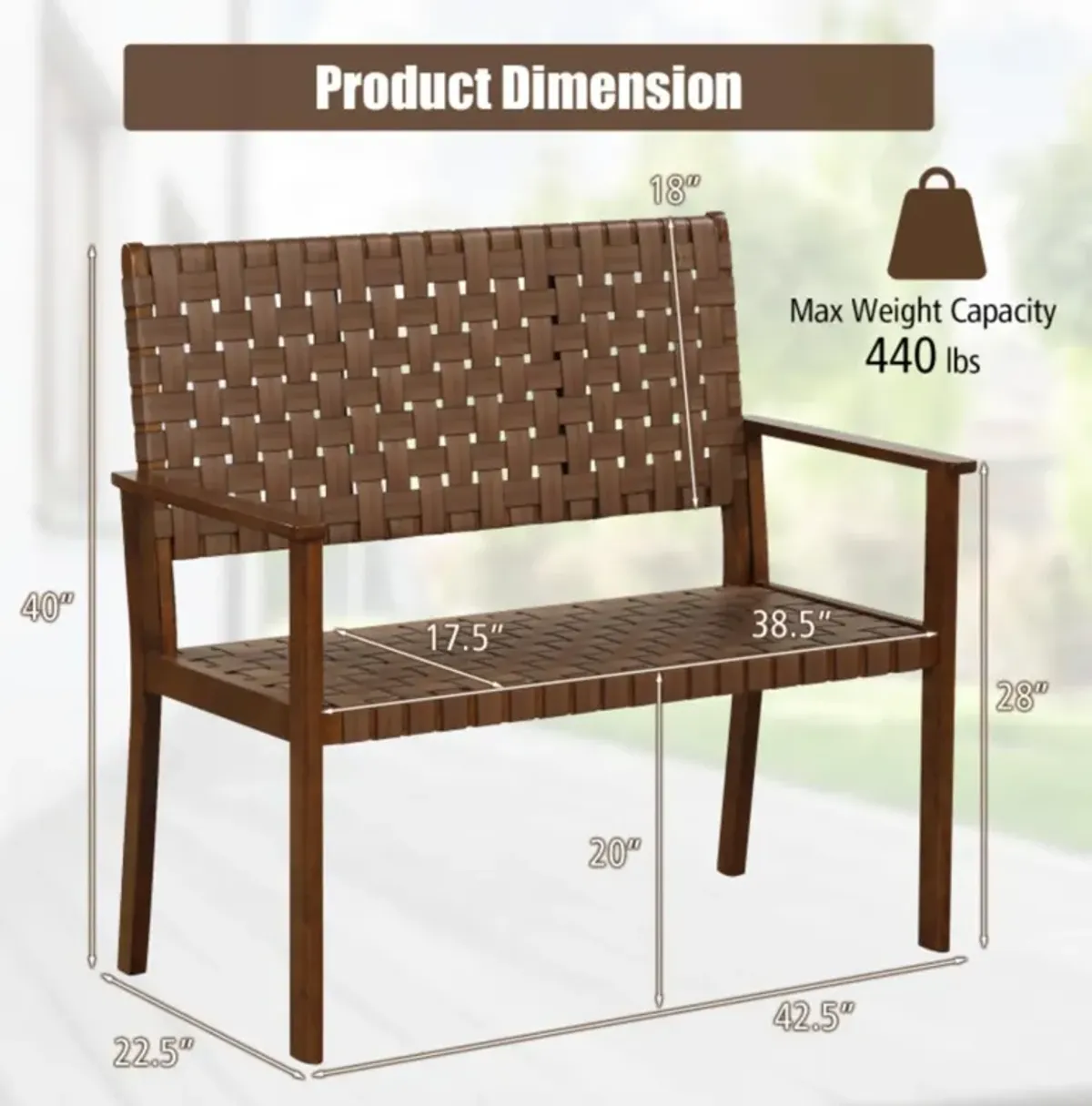 Hivvago Outdoor All Weather Bench with Solid Rubber Wood Frame and Hand Woven PU Leather-Brown