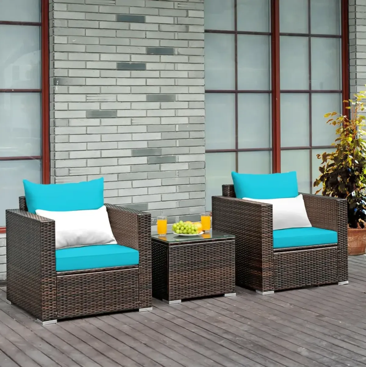 3 Pieces Patio Conversation Rattan Furniture Set with Cushion