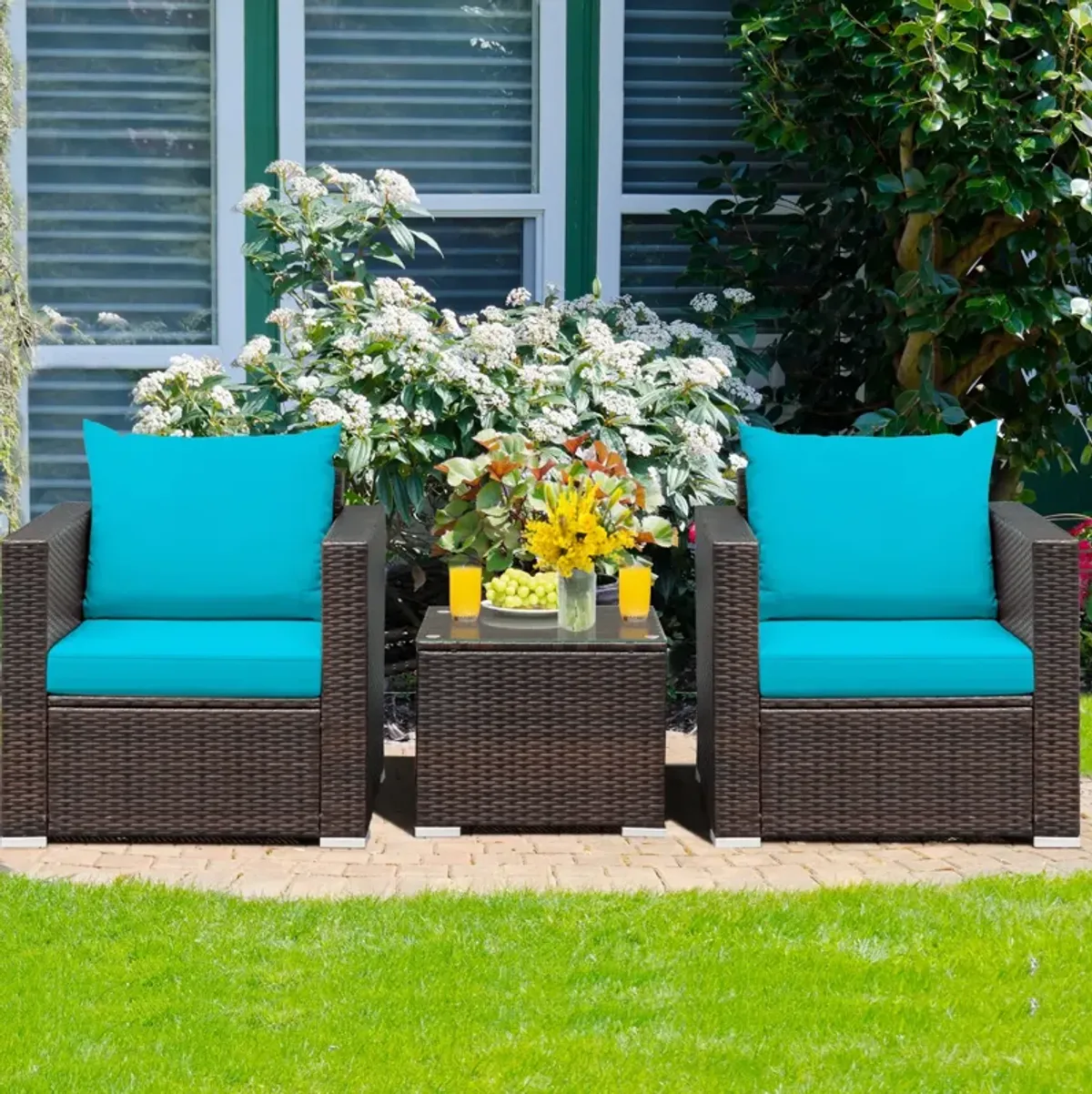 3 Pieces Patio Conversation Rattan Furniture Set with Cushion