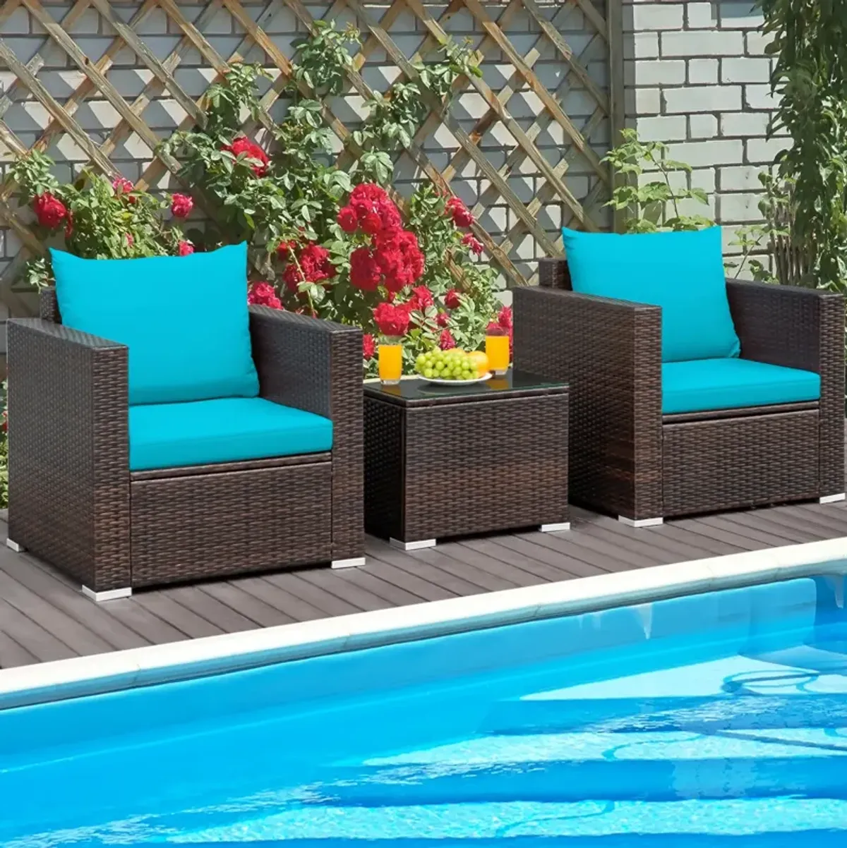 3 Pieces Patio Conversation Rattan Furniture Set with Cushion