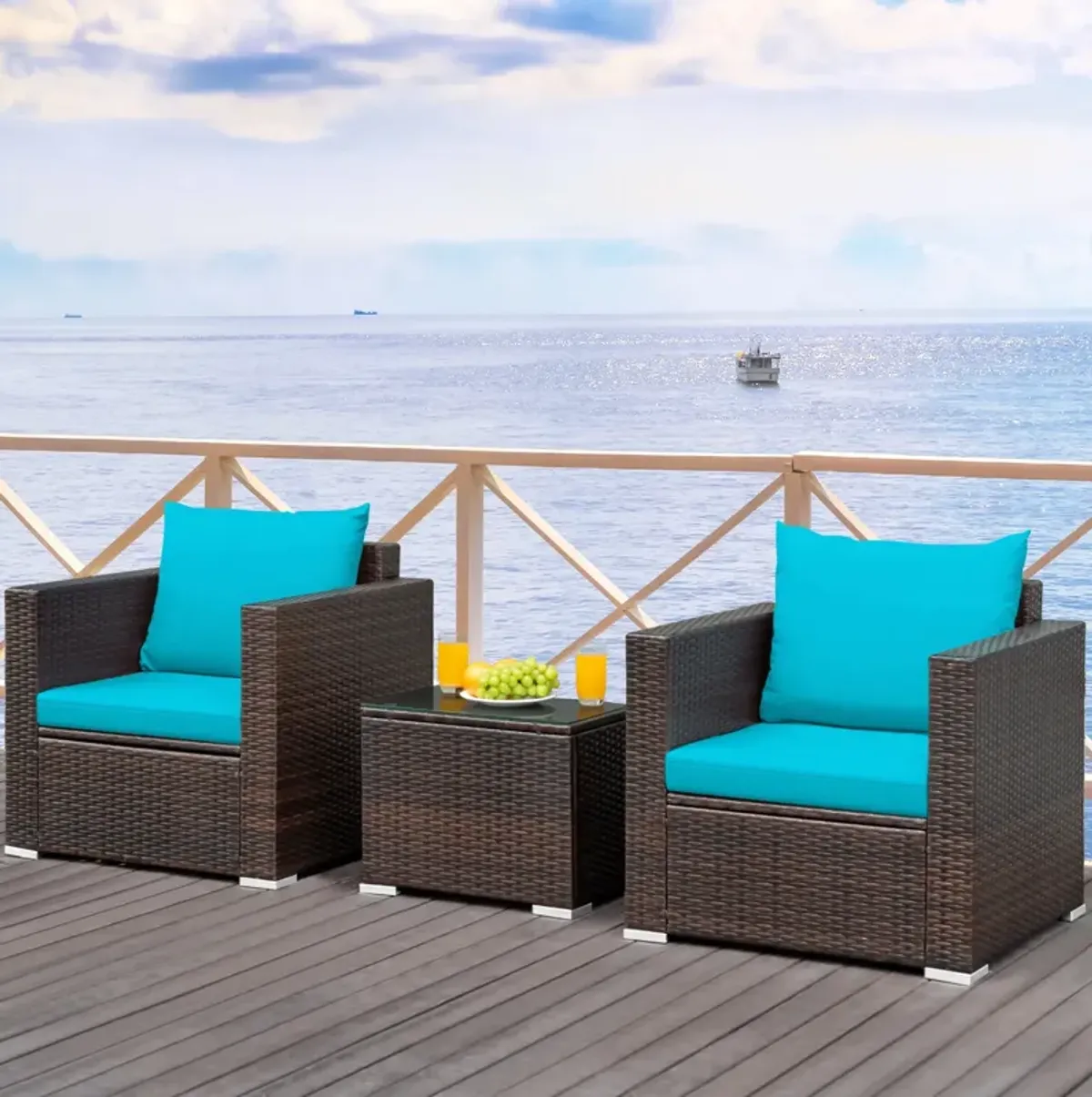 3 Pieces Patio Conversation Rattan Furniture Set with Cushion