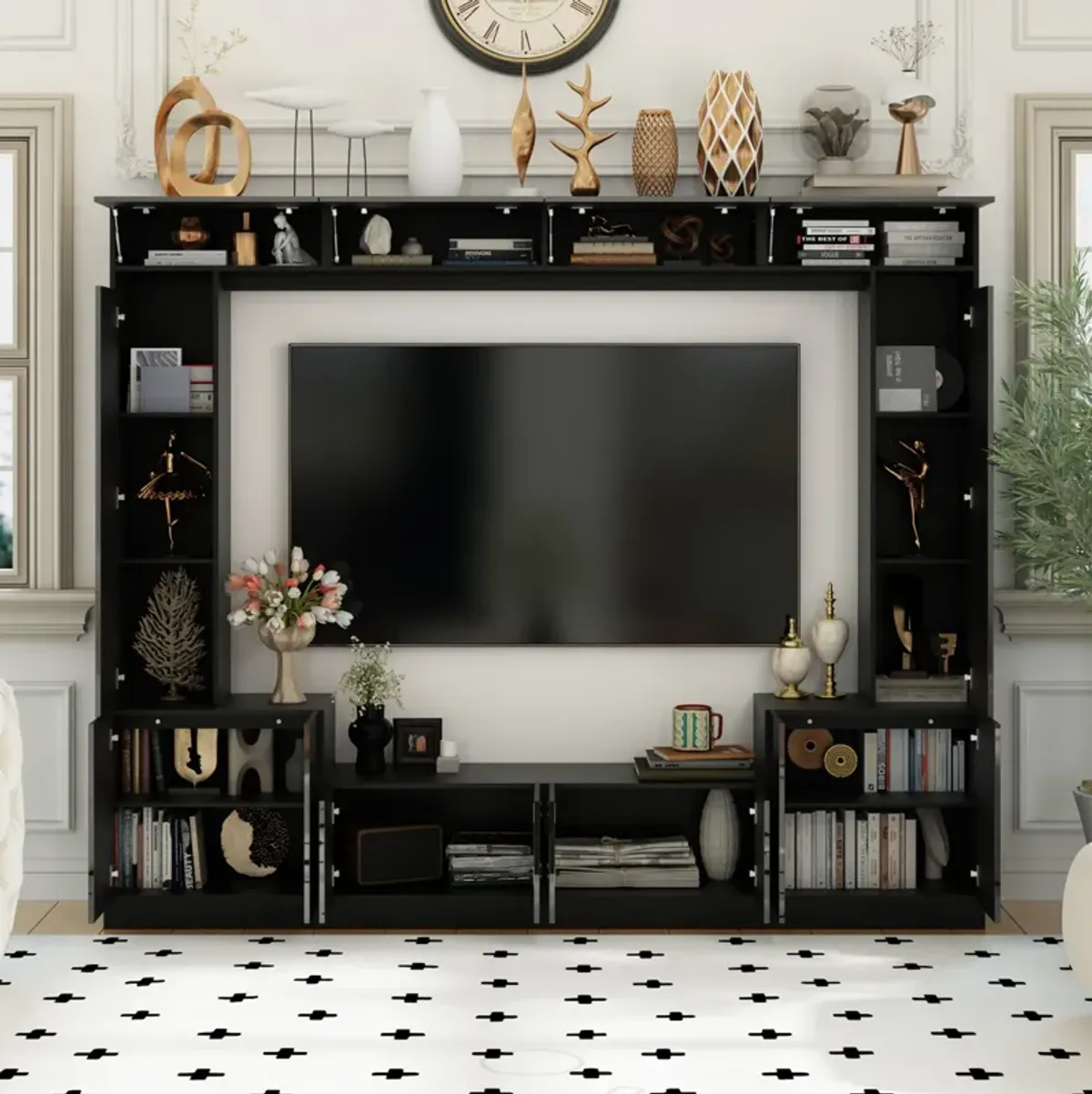 FUFU&GAGA Modern/Contemporary Black TV Cabinet with Integrated TV Mount (94.5" W x 15.7" D x 78.7" H),Black