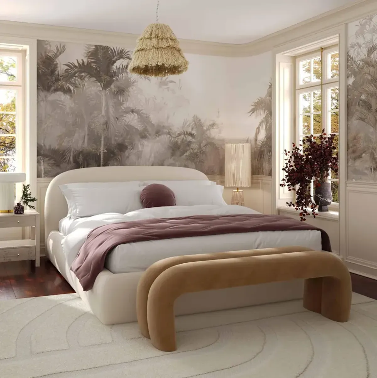 Bara Cream Textured Velvet Bed