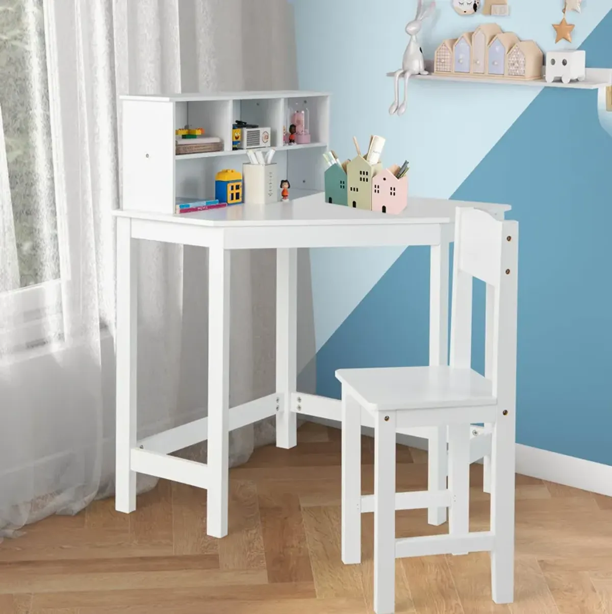 Kids Wooden Corner Desk and Chair Set with Hutch and Storage