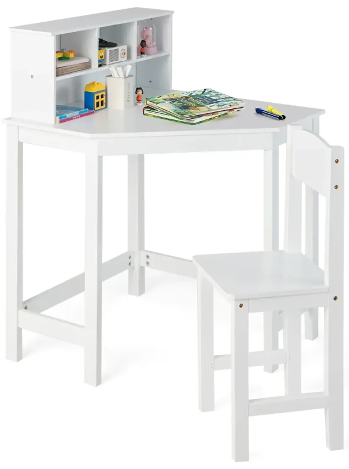 Kids Wooden Corner Desk and Chair Set with Hutch and Storage