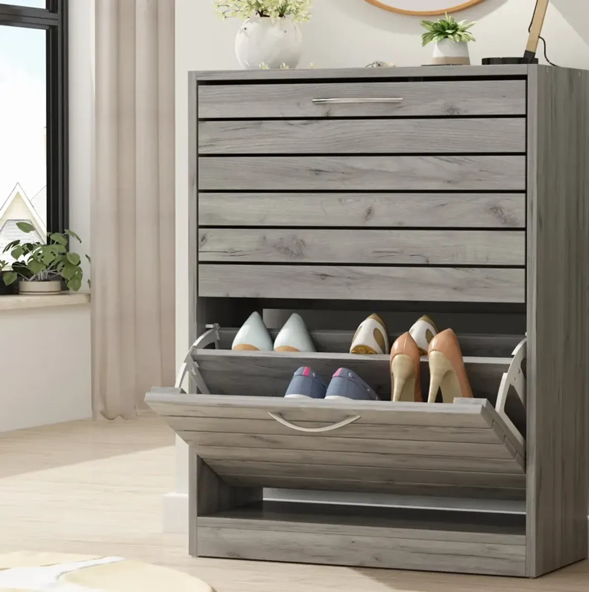 Modern Shoe Cabinet with 2 Flip Drawers, Freestanding Shoe Storage Cabinet, Shutter Design, Shoe Storage Organizer for Hallway Entryway Grey (22.4”W x 9.4”D x 29.5”H)