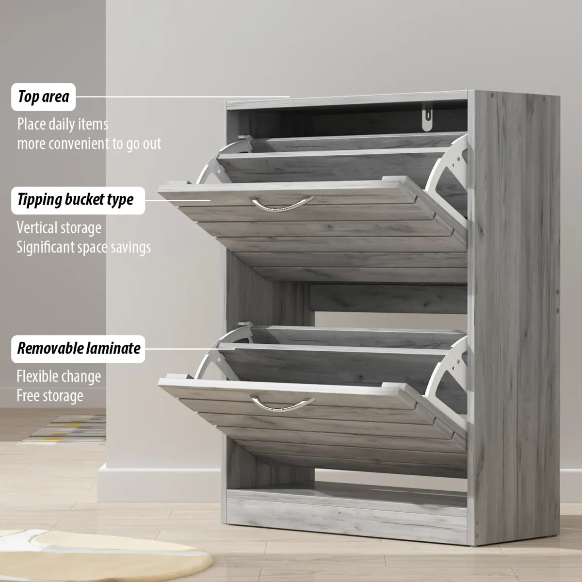 Modern Shoe Cabinet with 2 Flip Drawers, Freestanding Shoe Storage Cabinet, Shutter Design, Shoe Storage Organizer for Hallway Entryway Grey (22.4”W x 9.4”D x 29.5”H)