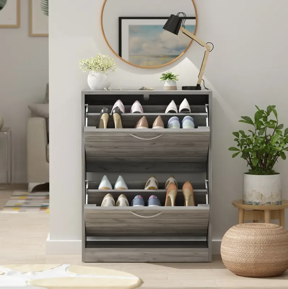 Modern Shoe Cabinet with 2 Flip Drawers, Freestanding Shoe Storage Cabinet, Shutter Design, Shoe Storage Organizer for Hallway Entryway Grey (22.4”W x 9.4”D x 29.5”H)