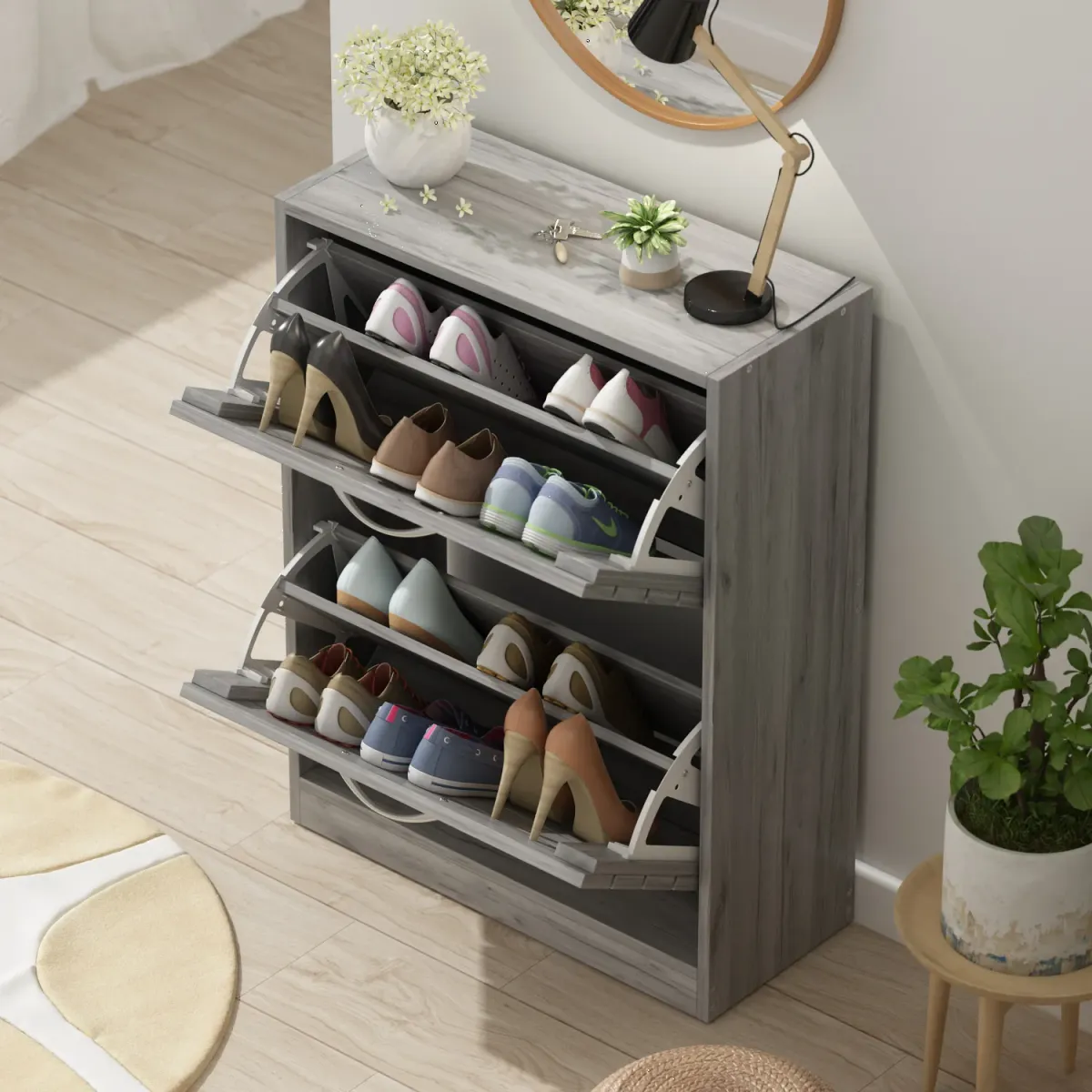 Modern Shoe Cabinet with 2 Flip Drawers, Freestanding Shoe Storage Cabinet, Shutter Design, Shoe Storage Organizer for Hallway Entryway Grey (22.4”W x 9.4”D x 29.5”H)