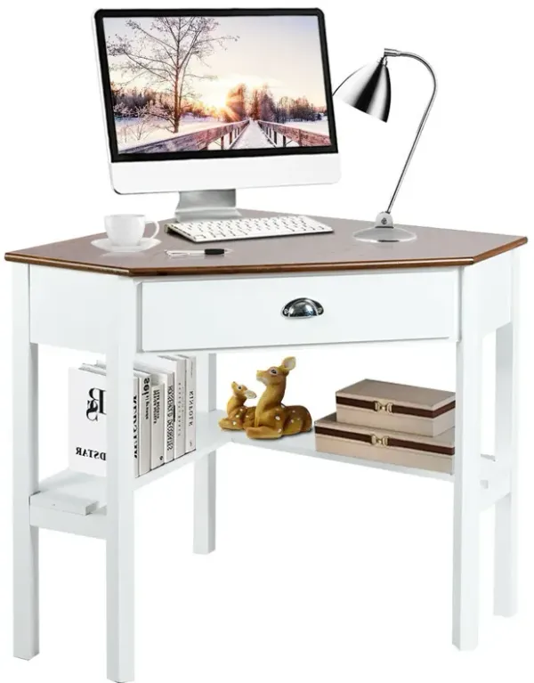 Costway Triangle Computer Desk Corner Office Desk Laptop Table w/ Drawer Shelves Rustic Natural &White