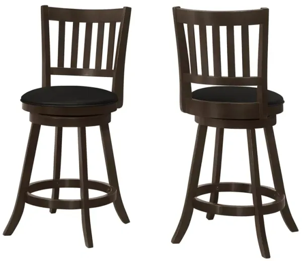 Monarch Specialties I 1237 Bar Stool, Set Of 2, Swivel, Counter Height, Kitchen, Wood, Pu Leather Look, Brown, Black, Transitional
