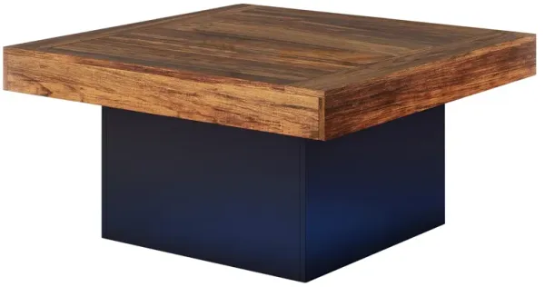 Coffee Table, Square Brown, Black Base with LED Lighting, 35 Inch - Benzara