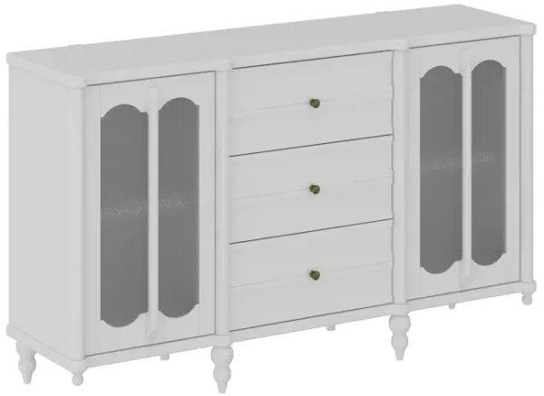 FUFU&GAGA Modern White MDF Storage Cabinet – 3 Spacious Drawers & 2 Glass-Door Compartments, Cylindrical Legs (59.1" W x 15.7" D x 35.4" H), White