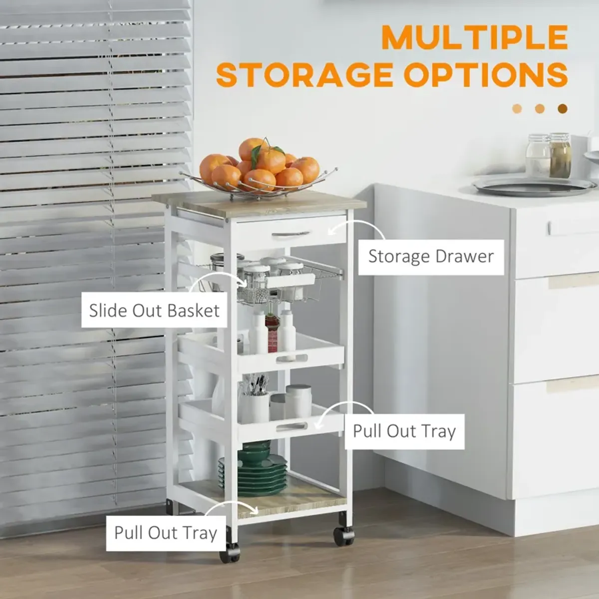 White Culinary Aid: Mobile Kitchen Trolley with Drawer and Shelves