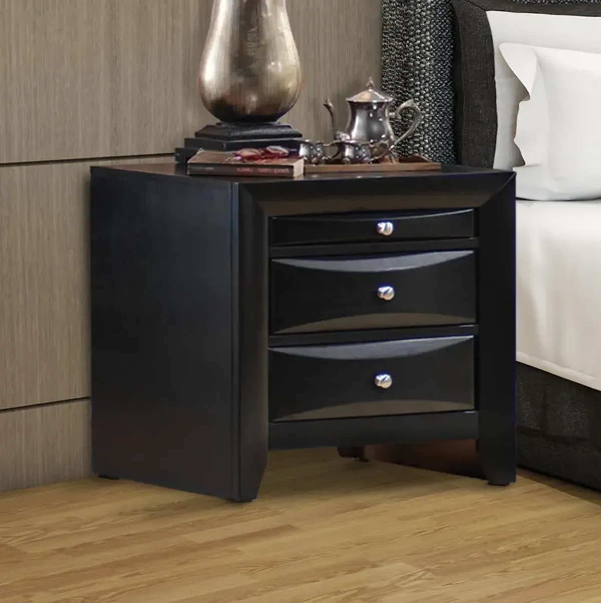 Wooden 2 Drawer Nightstand with tray, Black-Benzara