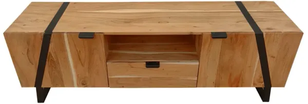 Aza 59 Inch Handcrafted TV Console with Drawer Natural Brown Acacia Wood Cabinet - Benzara