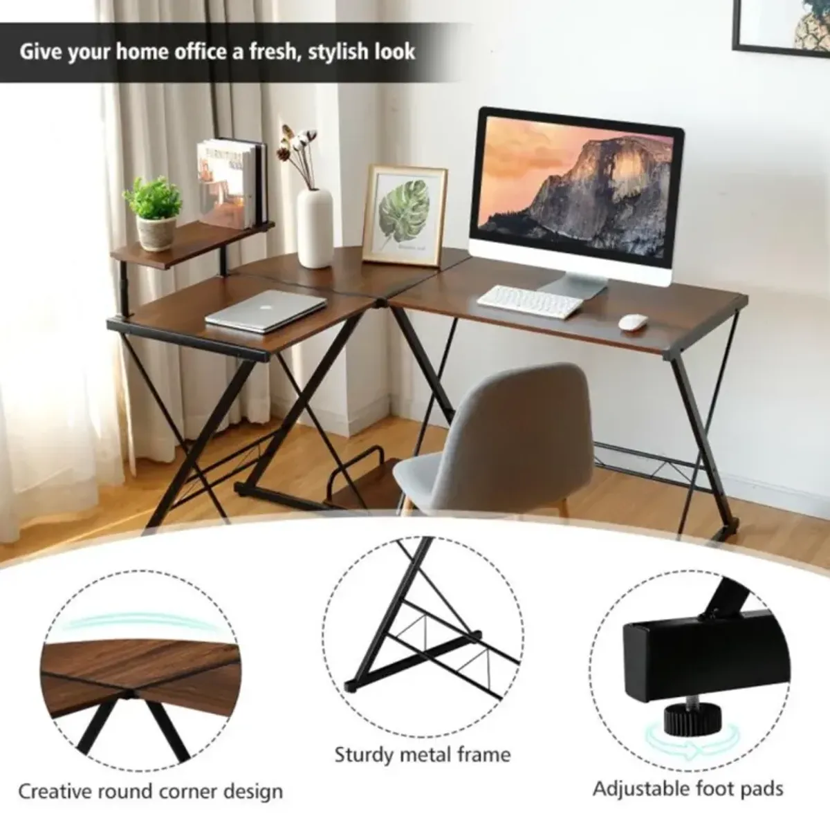 Hivvago L-Shaped Desk Reversible Corner Computer Desk with Movable Shelf and CPU Stand