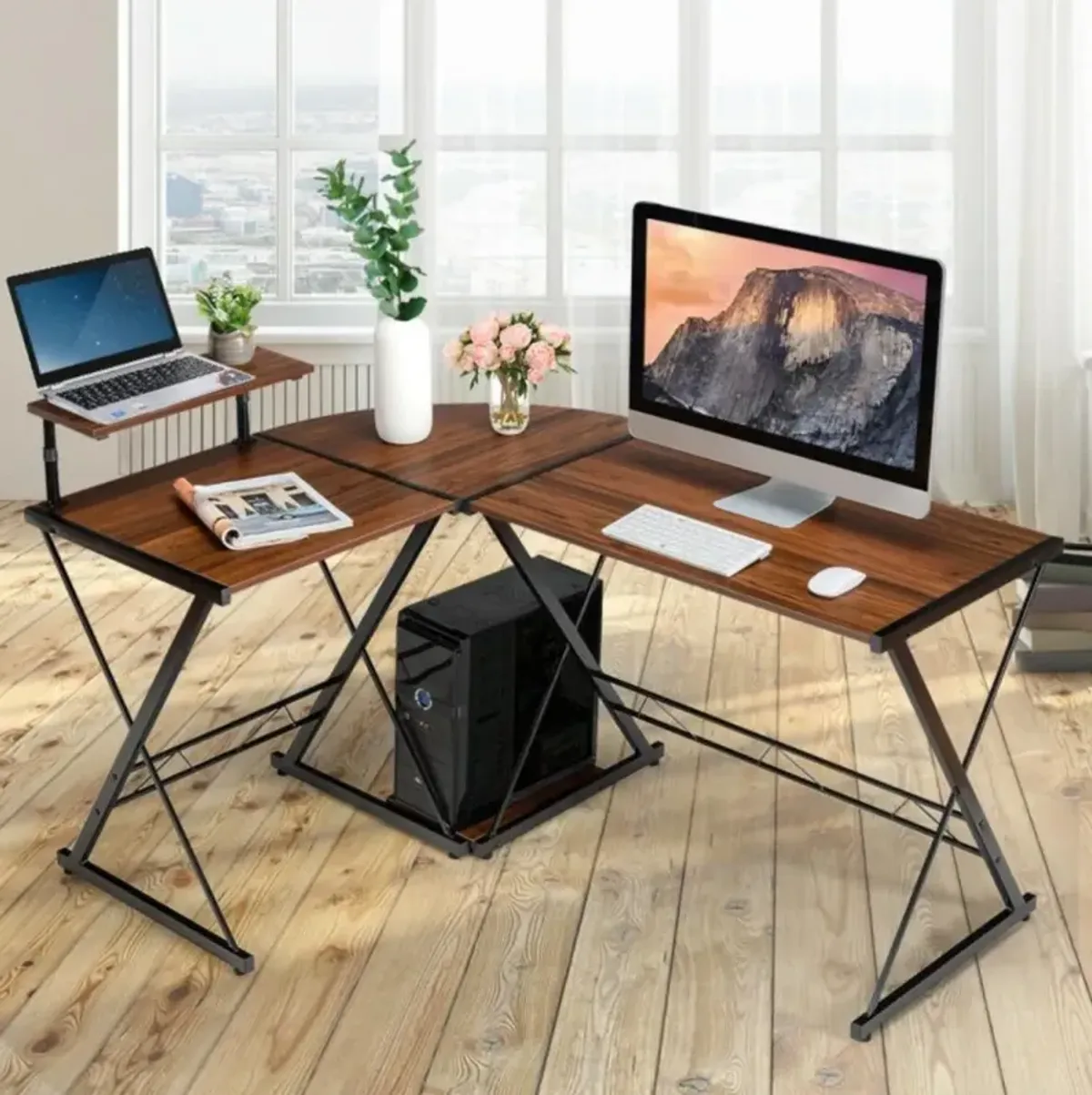 Hivvago L-Shaped Desk Reversible Corner Computer Desk with Movable Shelf and CPU Stand