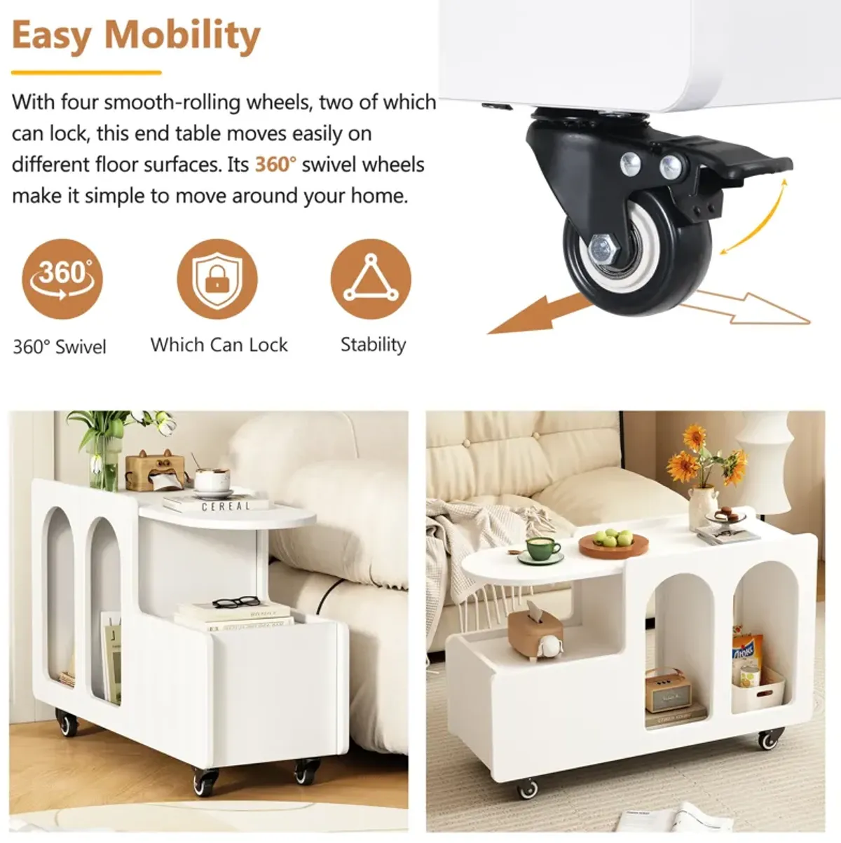 Merax Mobile End Table with Lockable Wheels