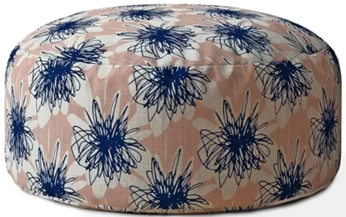 Homezia 24" Pink And Blue Canvas Round Floral Pouf Ottoman