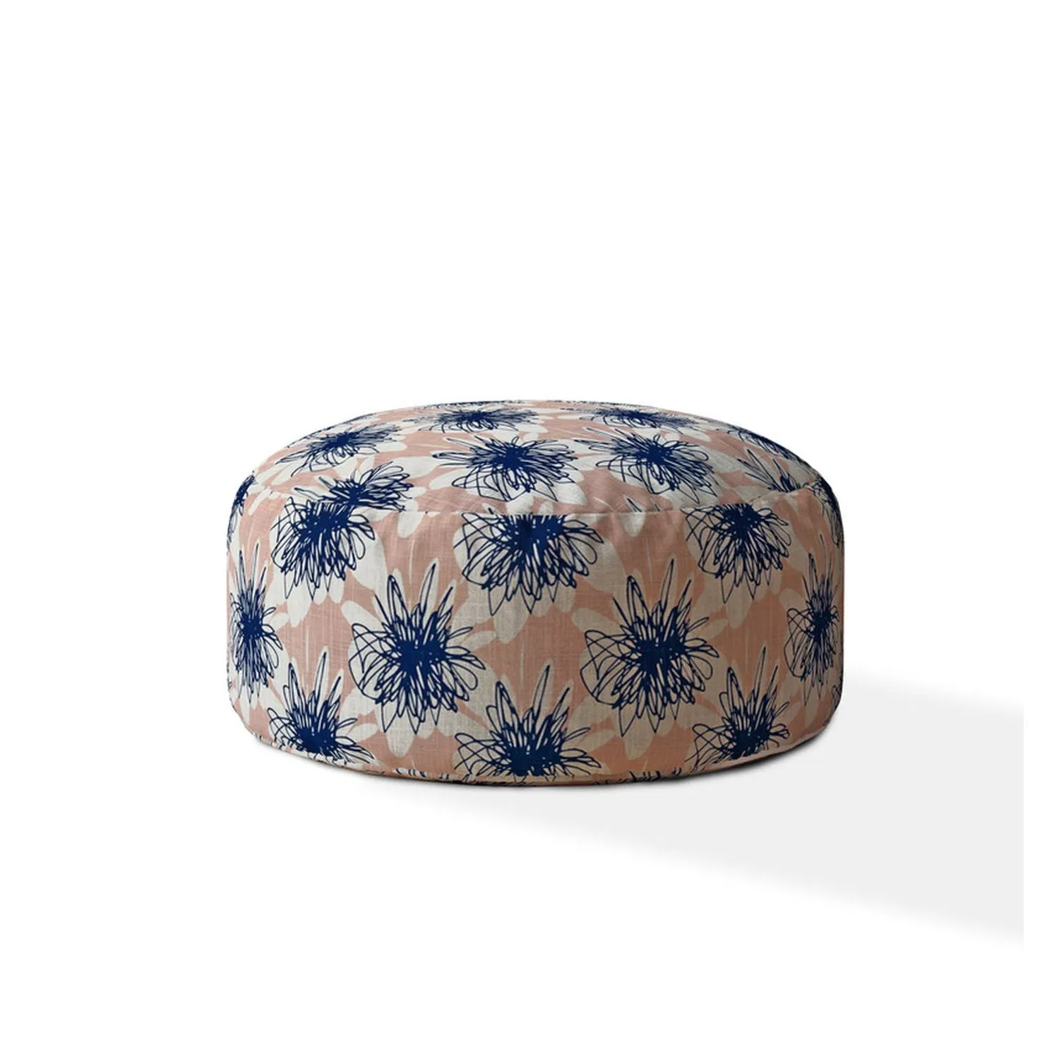 Homezia 24" Pink And Blue Canvas Round Floral Pouf Ottoman