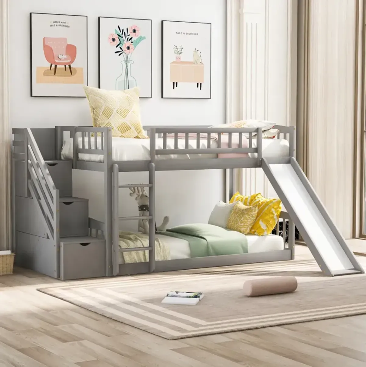 Stairway Twin Over Twin Bunk Bed With Two Drawers And Slide