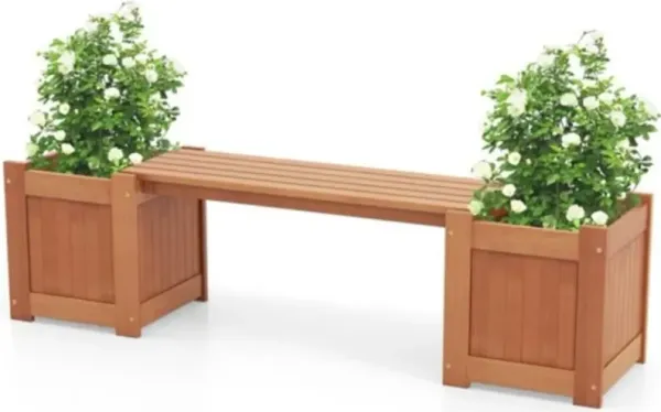 Farmhouse Durable Outdoor Wooden Planter Box with Garden Bench
