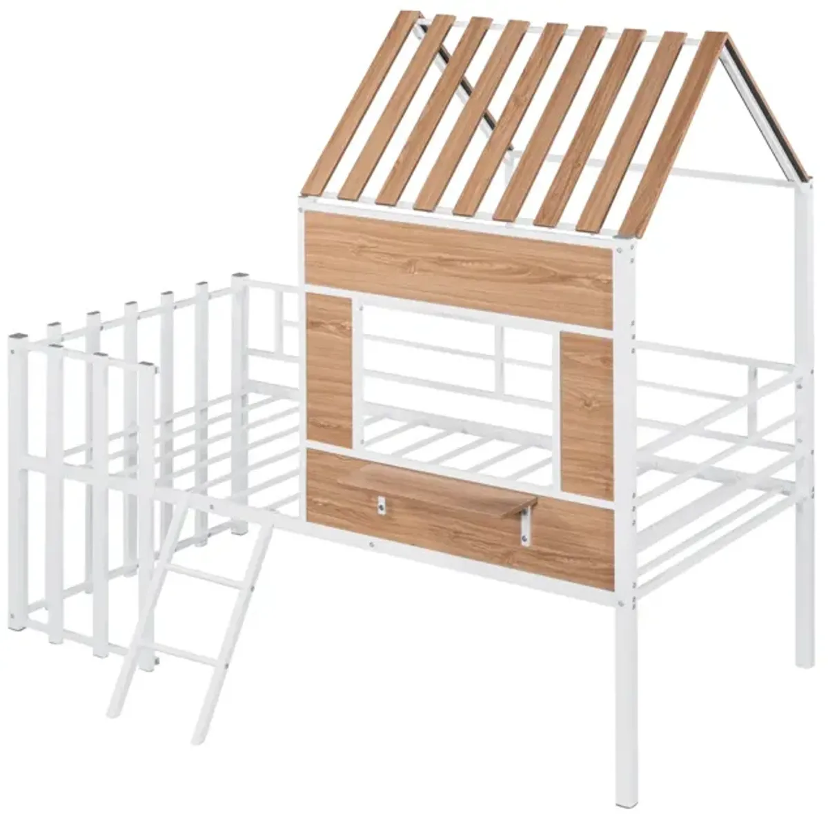 Metal Twin Size Loft Bed With Roof, Window, Guardrail, Ladder