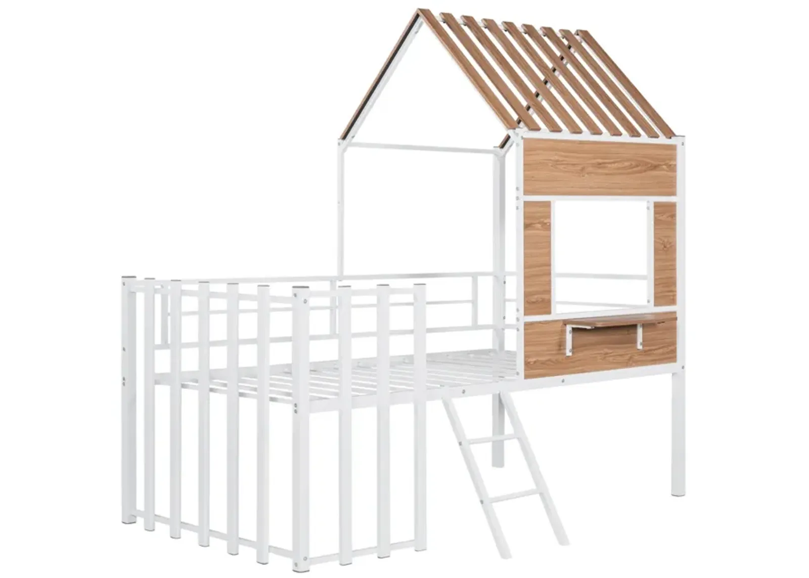 Metal Twin Size Loft Bed With Roof, Window, Guardrail, Ladder