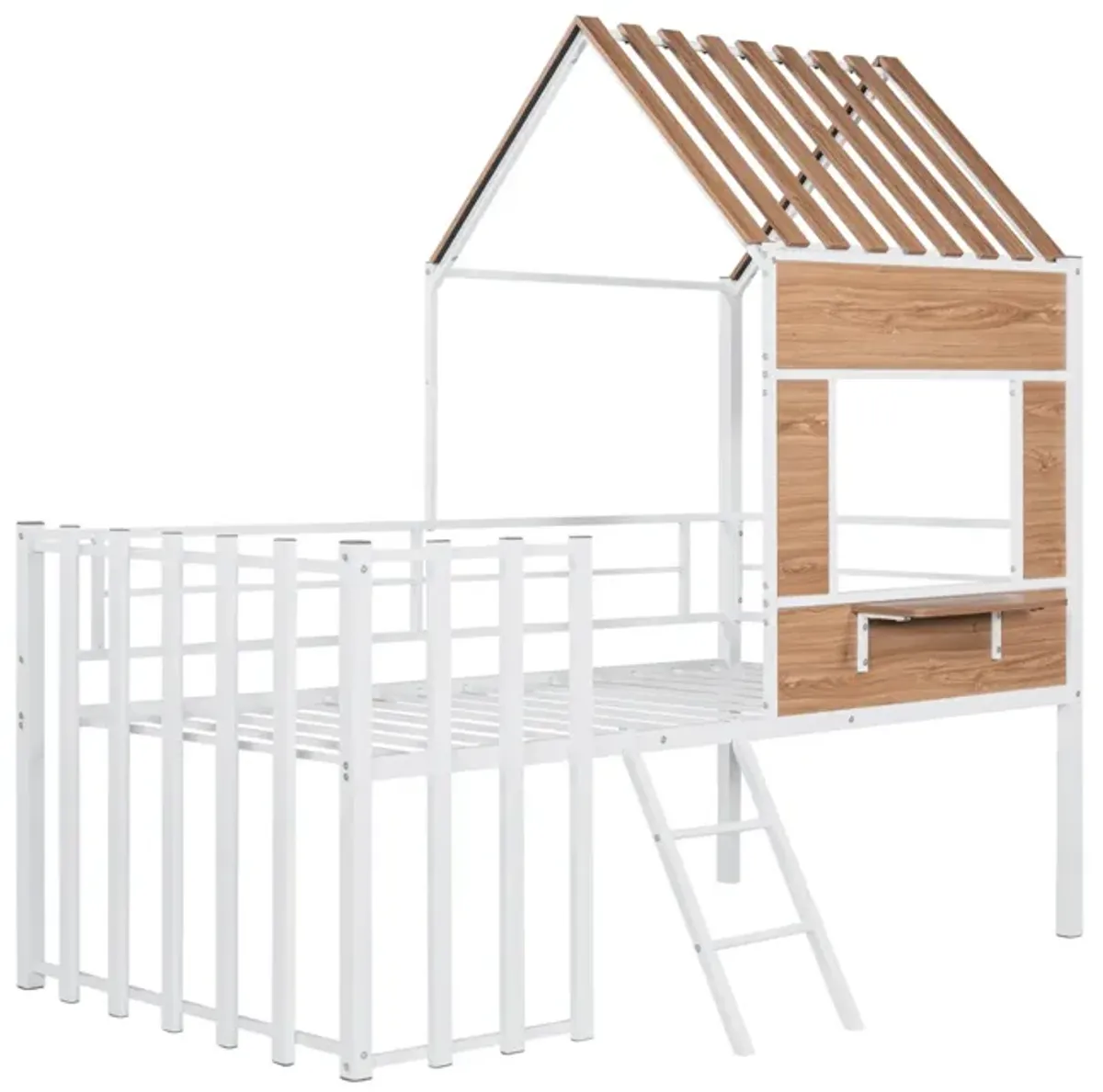 Metal Twin Size Loft Bed With Roof, Window, Guardrail, Ladder