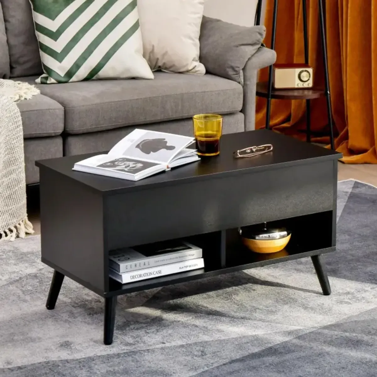 Hivvago 31.5 Inch Lift-Top Coffee Table with Hidden Storage and 2 Open Shelves