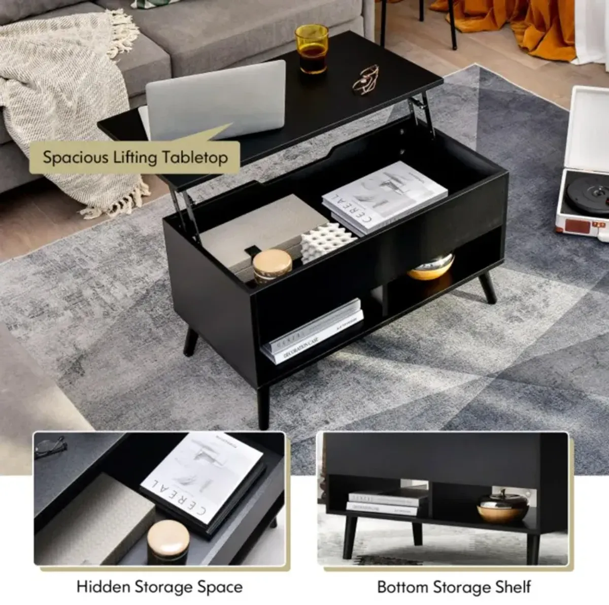 Hivvago 31.5 Inch Lift-Top Coffee Table with Hidden Storage and 2 Open Shelves