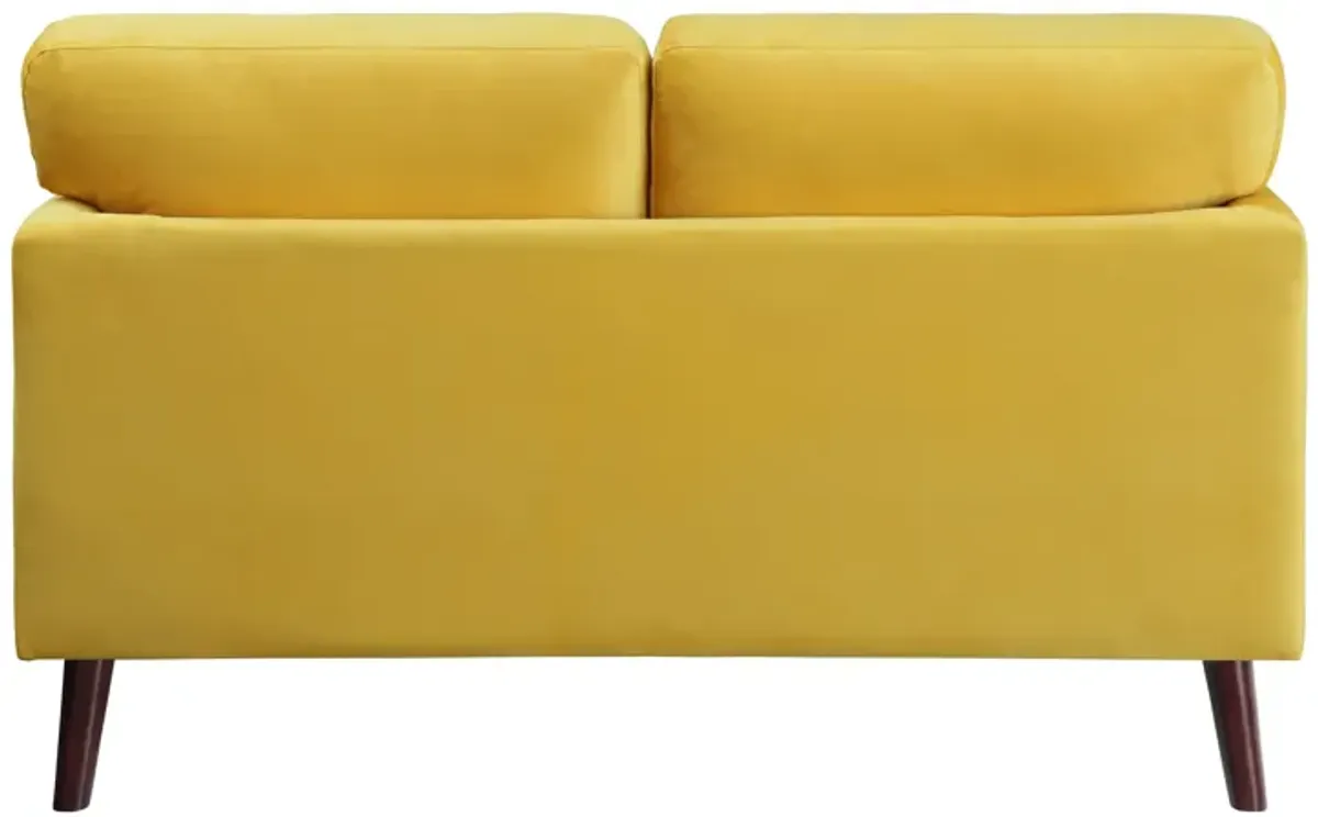 Brad 58 Inch Loveseat, Yellow Velvet, Reversible Cushions, Dark Brown Wood - Benzara