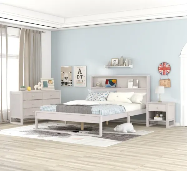 3-Pieces Bedroom Sets Queen Size Platform Bed With Nightstand And Dresser, Antique White