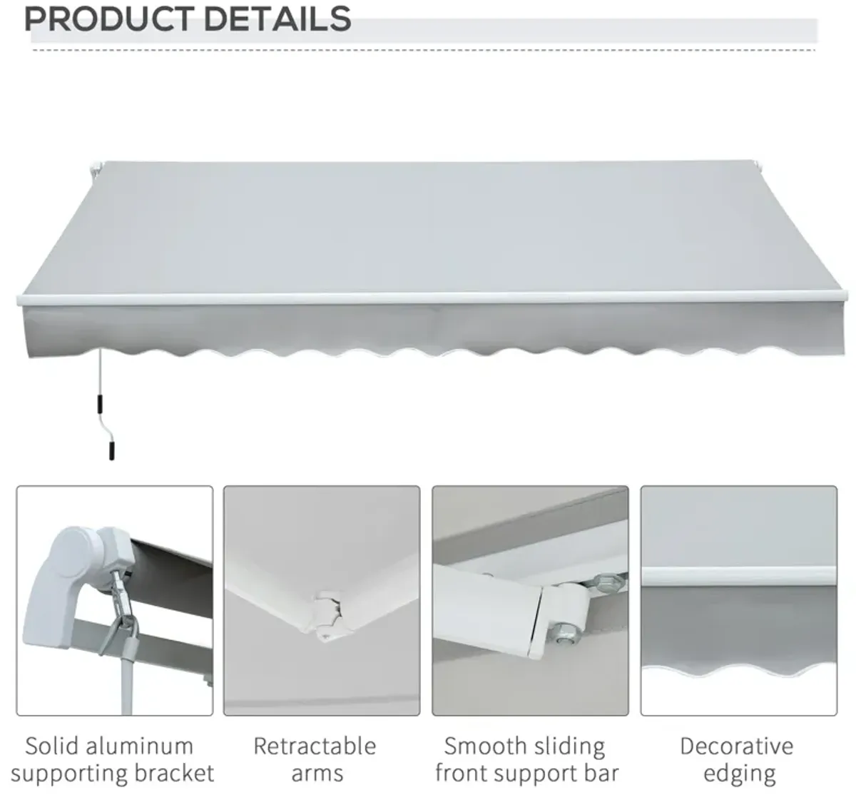 Light Gray Patio Cover: 12'x8' Manual Retractable UV-Resistant Awning