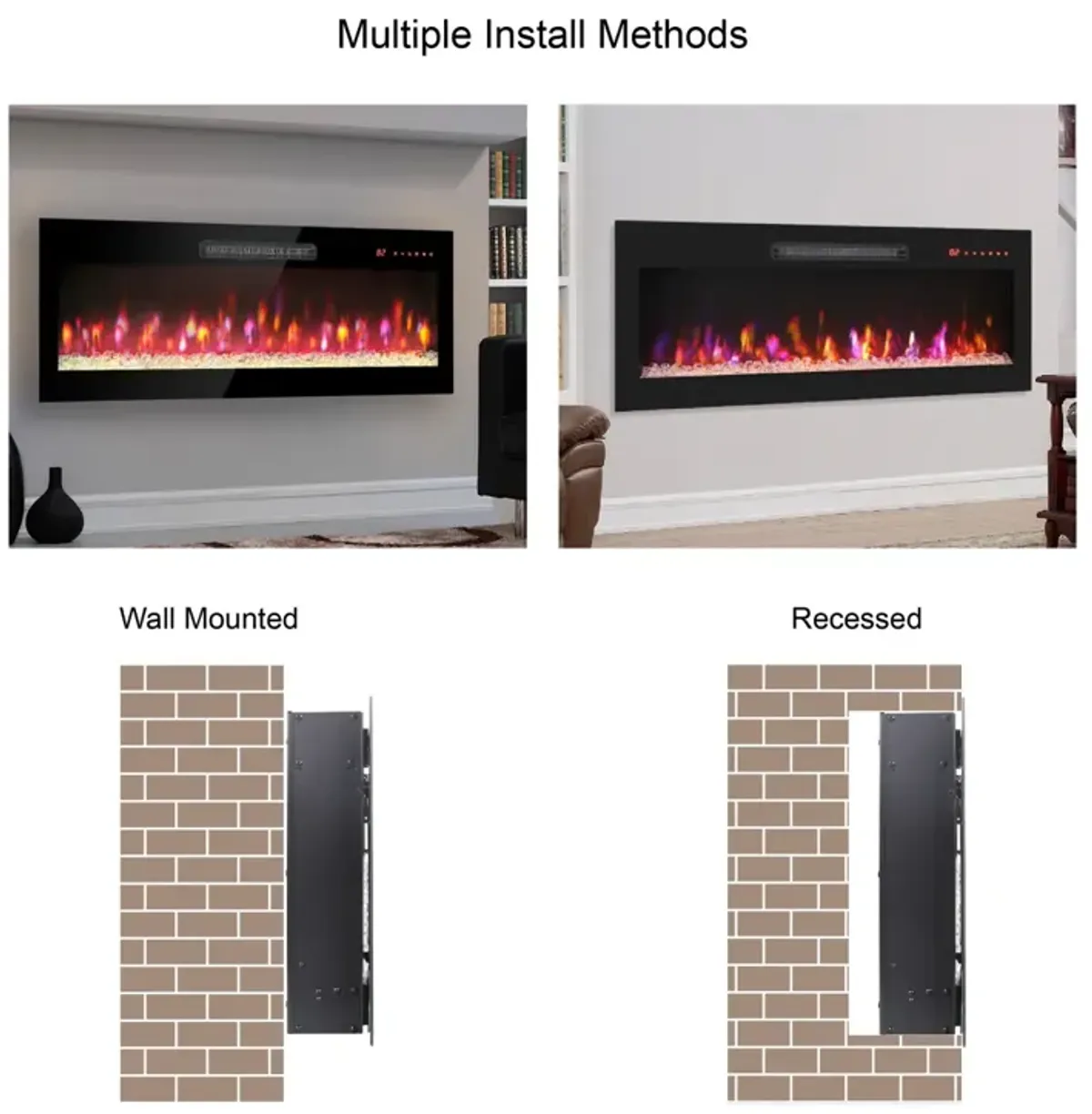 50" Electric Fireplace with Remote & Multi Color Flame