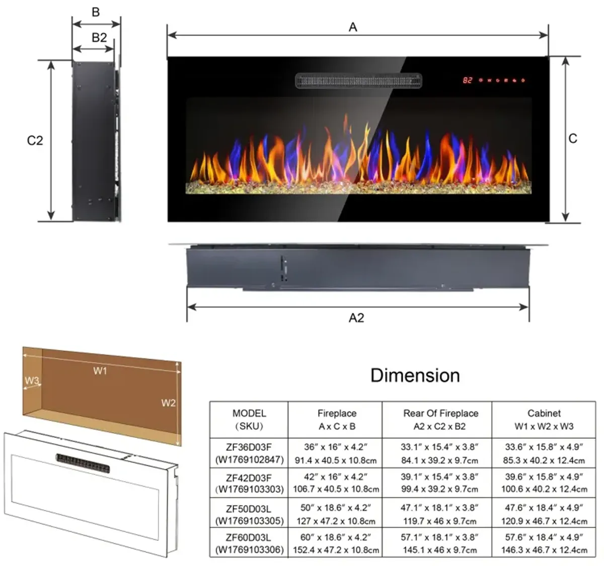 50" Electric Fireplace with Remote & Multi Color Flame