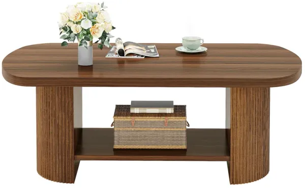 Oval Coffee Table, Mid-Century 2-Tier Coffee Table with Storage Shelf, Modern 45.27" Accent Center Table with Wooden Dual Base for Living Room Bedroom Apartment, Ladder Racks, Storage and Organization