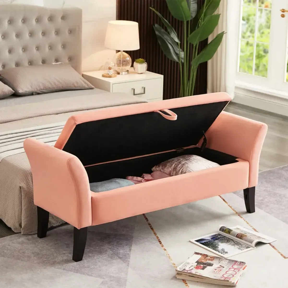 51.5" Bed Bench With Storage Pink Velvet