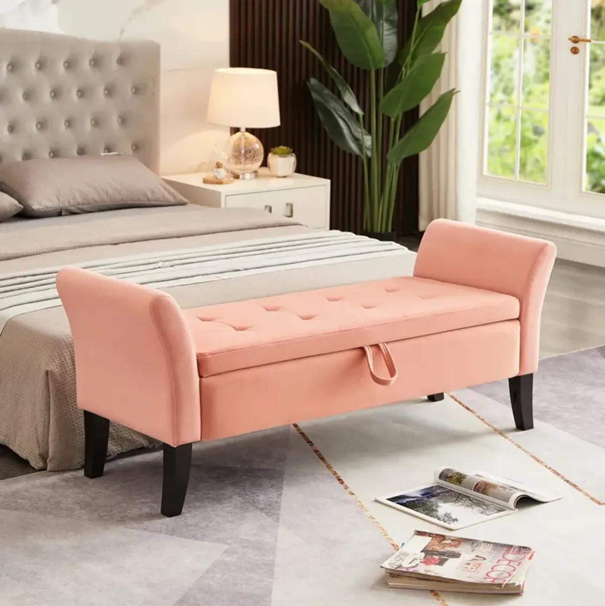 51.5" Bed Bench With Storage Pink Velvet