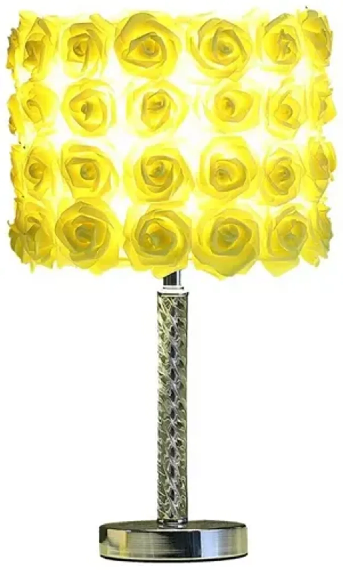 Bloom Roses Drum Shade Table Lamp with Twisted Acrylic Base, Yellow - Benzara