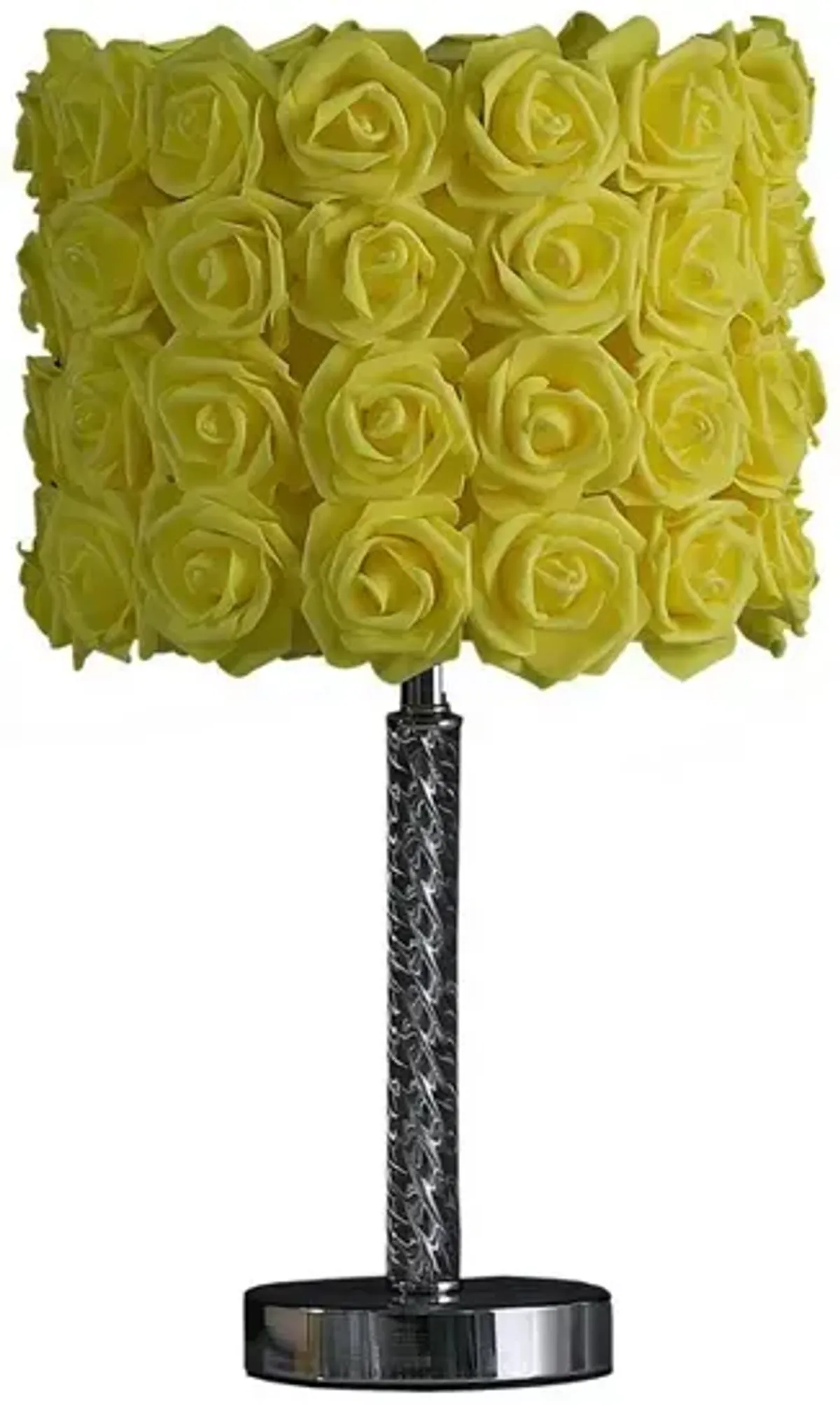 Bloom Roses Drum Shade Table Lamp with Twisted Acrylic Base, Yellow - Benzara