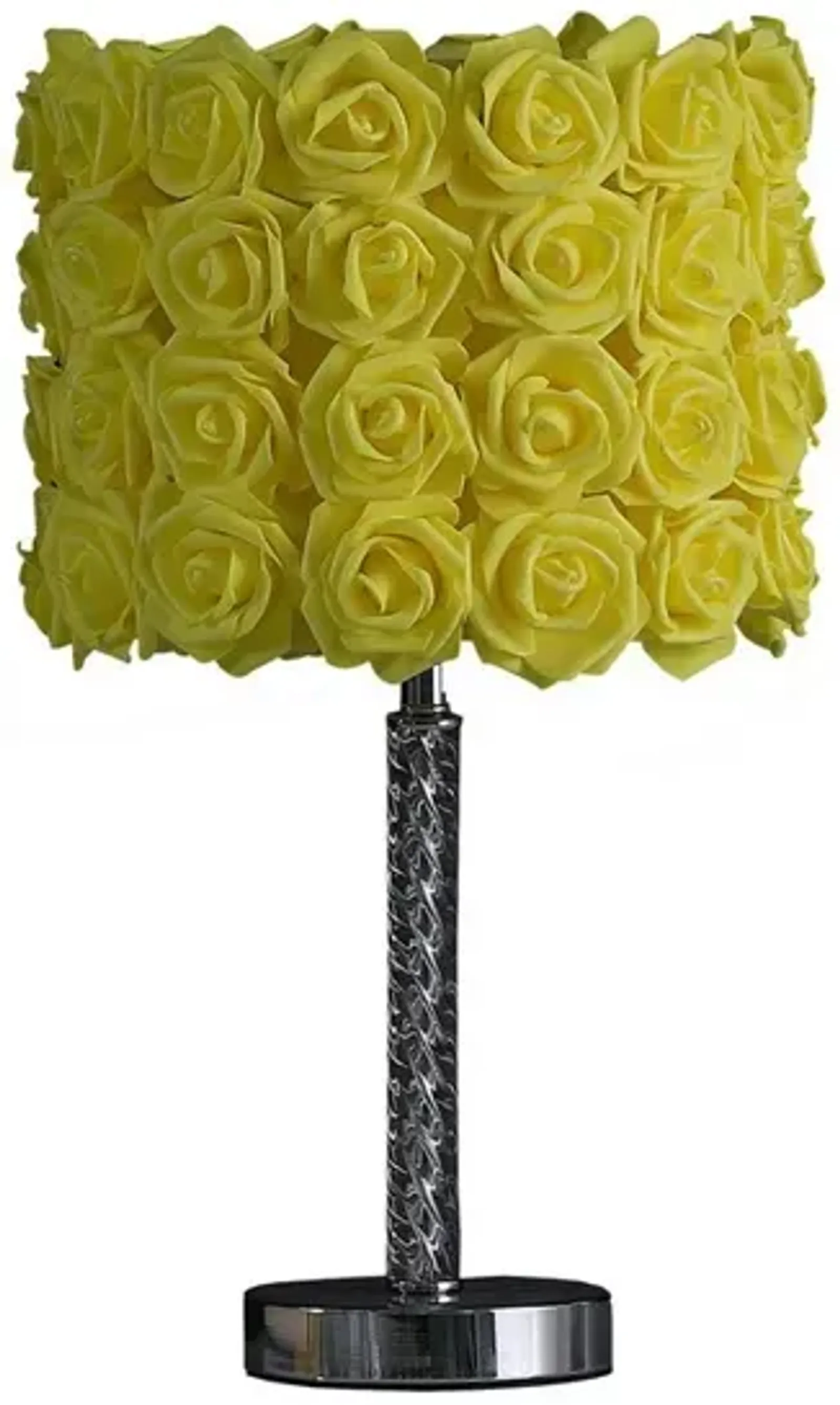 Bloom Roses Drum Shade Table Lamp with Twisted Acrylic Base, Yellow - Benzara