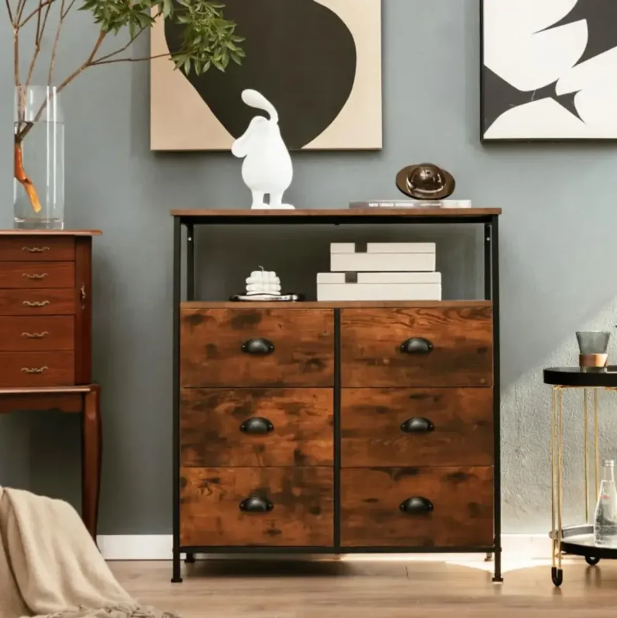 Hivvago 2-Tier Storage Chest with Wooden Top and 6 Fabric Drawers