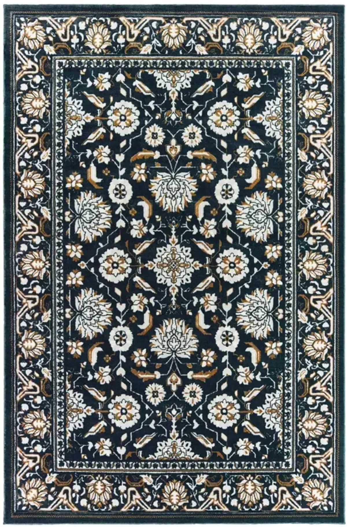 5 X 8 Navy caramel And Ivory Oriental Power Loom Stain Resistant Area Rug