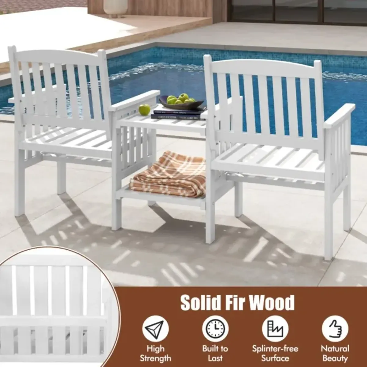 Hivvago Outdoor Fir Wood Loveseat with 2-Tier Side Table and 1.96" Umbrella Hole